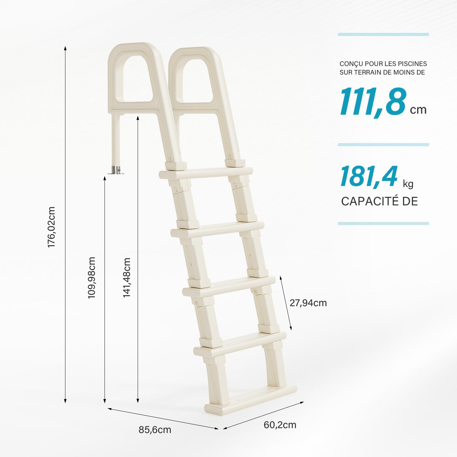 BONNLO Échelle de Piscine 5 Marches Antidérapantes, PE, Escalier de Piscine Uni-Côté, 150×60×60cm, Adaptée aux Piscines Hors Sol et Creusées, Blanc Cassé