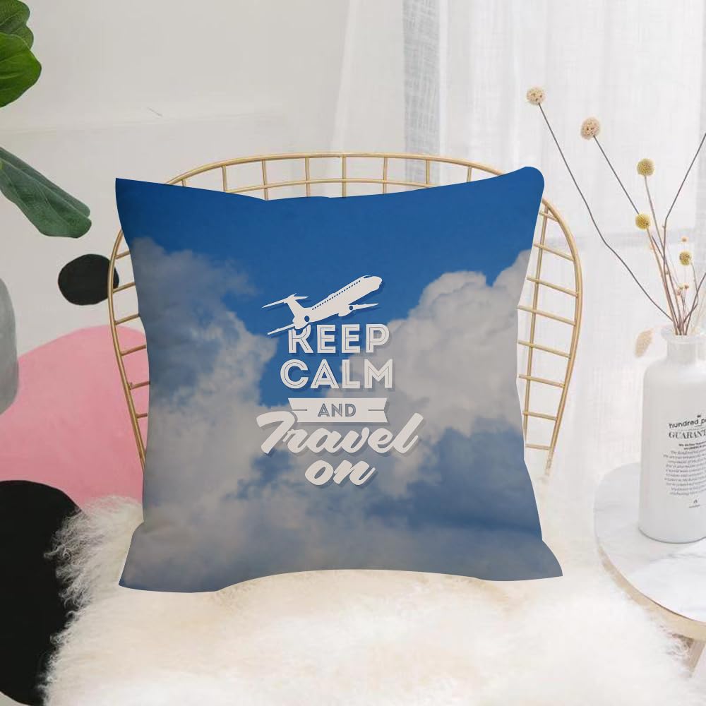 HYOSXW Cushion Cover,Throw Pillow Case Home Decorative for Living Room Bedroom Sofa Chair 16X16 Inch,Quote,Aviation Theme Keep Calm and Travel On Message with Plane Icon and Clouds,Pillowcase 40X40cm
