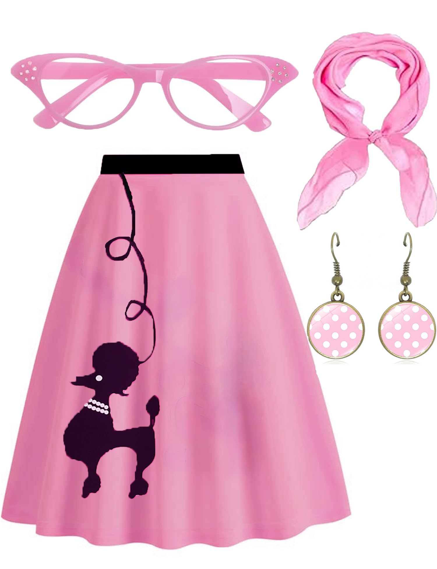 TNNO Womens Poodle Skirts 1950s Outfits Adult Halloween Costumes 2025 with Scarf Glasses Vintage Earring Skirts 4 Pcs Set