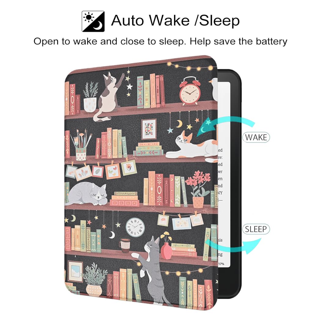 Etui na 15.2 cm zupełnie nowy Kindle (wydanie 11. generacji-2022), uroczy kawaii, moda, wysokiej jakości, lekki pokrowiec folio ze skóry PU z automatycznym budzeniem/uśpieniem, kot na półce