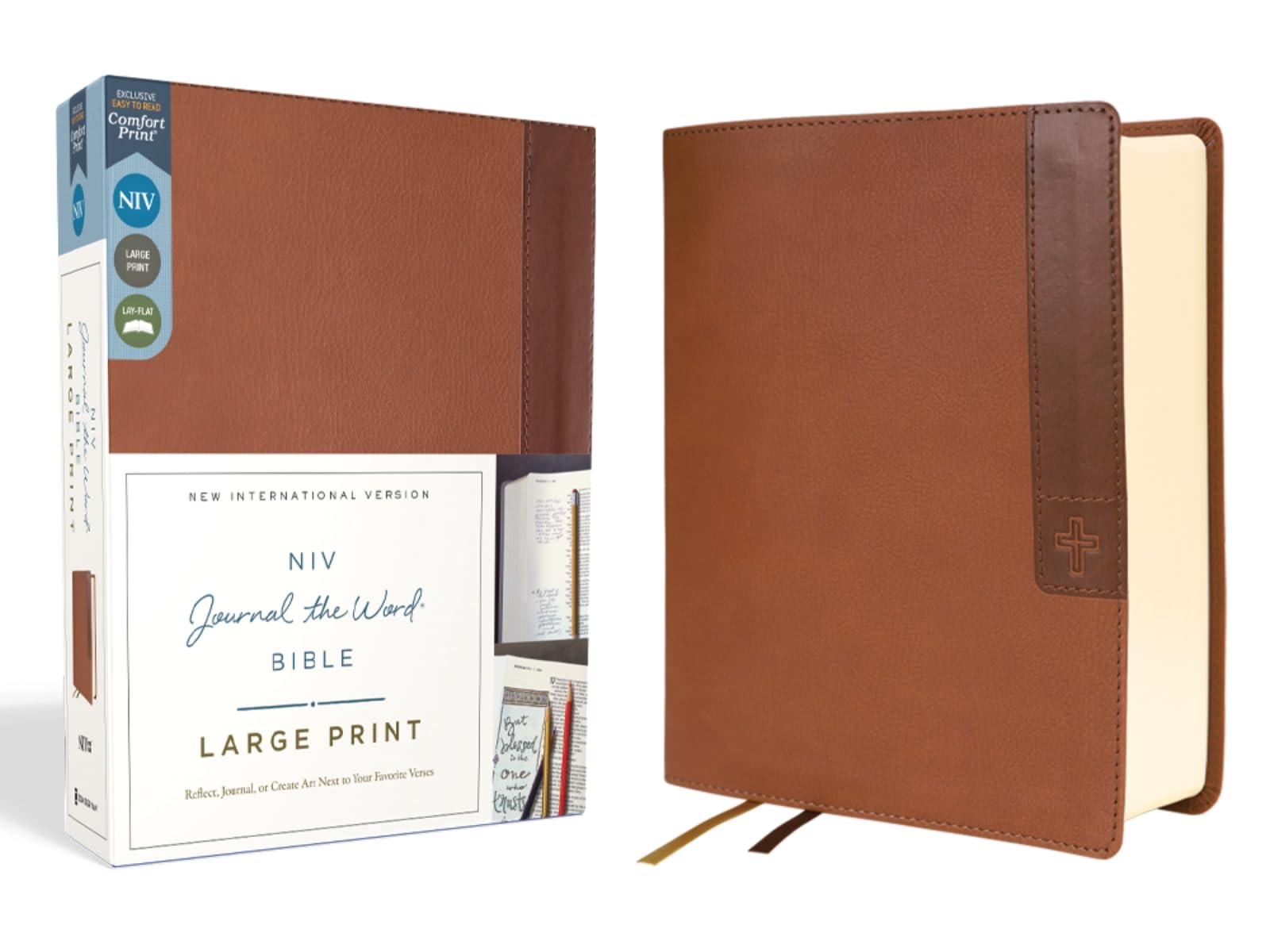 NIV, Journal the Word Bible (Perfect for Note-Taking), Large Print, Leathersoft, Brown, Red Letter, Comfort Print: Reflect, Take Notes, or Create Art Next to Your Favorite Verses