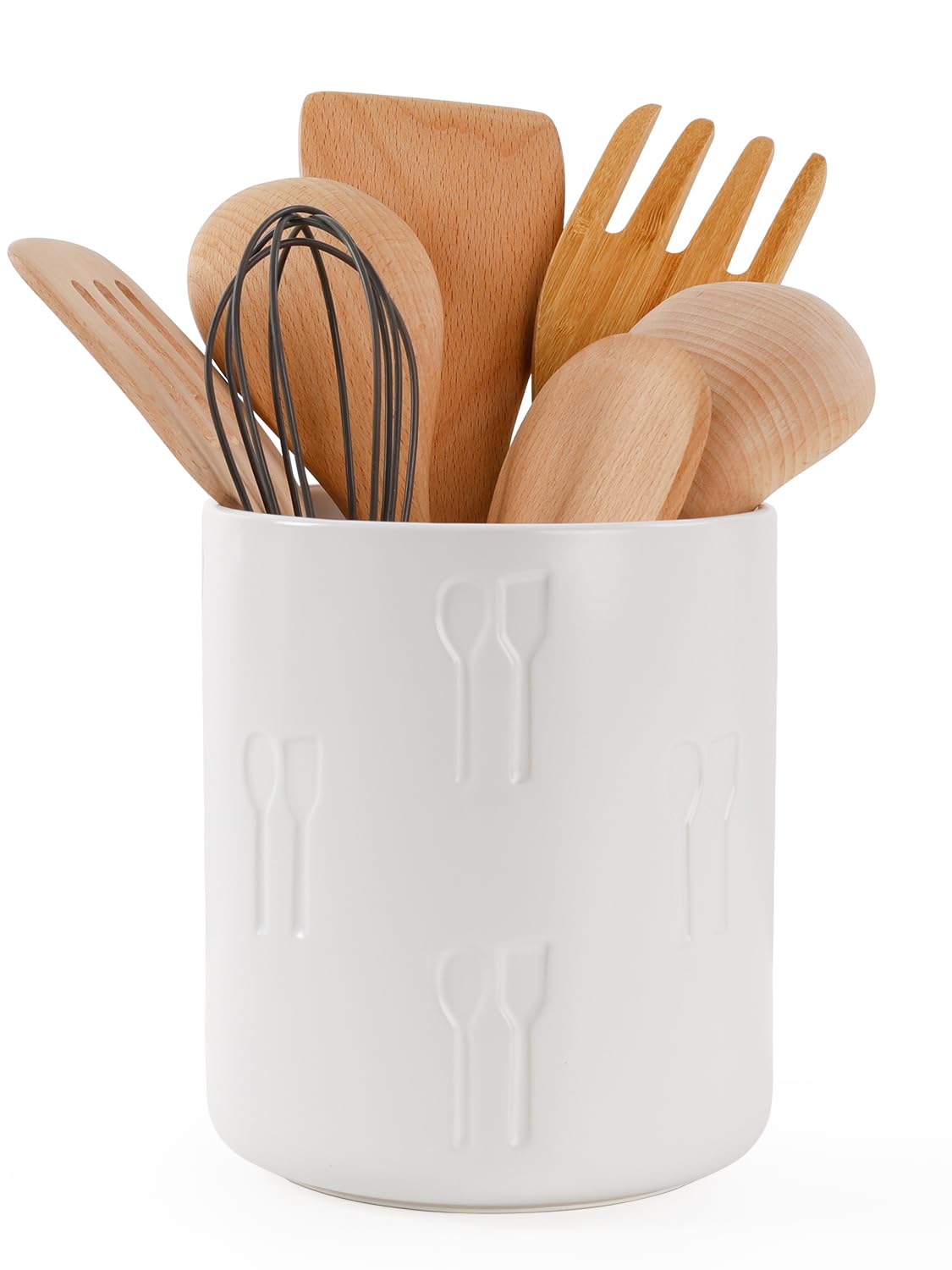 Küchenutensilien Aufbewahrung Keramik, 18 x 15,5 cm Große Utensilienhalter Relief Besteckhalter für Küche, Arbeitsplatte Aufbewahrung, Utensilien-Organizer, Eiskübel, Weiß