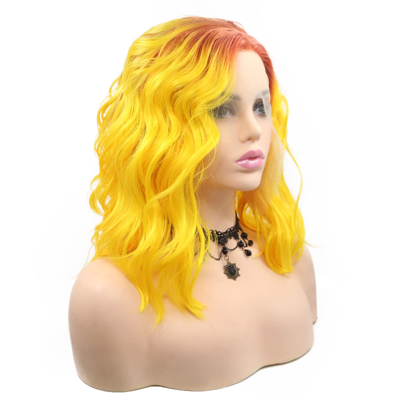 AFBeauty Orange Yellow Bob Wig Soft Curly Wave Lace Front Wigs for Women Real Natural Hairline Ombre Red Orange Color Short Hair Glueless Synthetic Heat Resistant Cosplay Daily 14Inch - Image 4