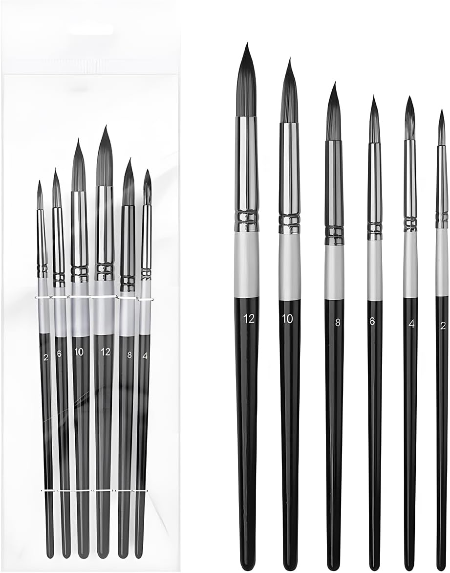 6Pcs Round Pointed Tip Paint Brushes, Round-Tip Nylon Artist Brushes for Acrylic Oil Watercolor Gouache Painting, Nylon Hair Art Paint Brush for Beginners and Professionals