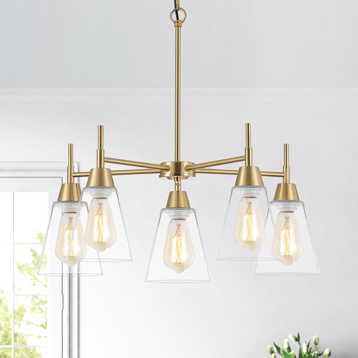 MWZ 5-Light Gold Chandeliers for Dining Room,Modern Brass Chandelier Kitchen Island Light Fixtures Over Table,Pendant Ceiling Hanging Lighting with Clear Glass Shade for Entryway Foyer Hallway