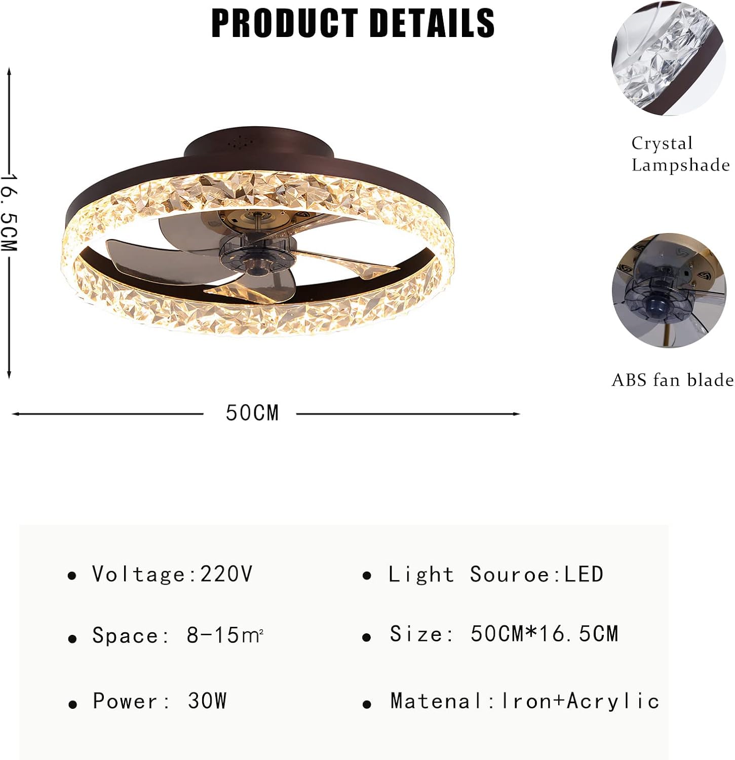 YUEGOO Ceiling Fans with Lamps,Remote App Control Dc Reversible Crystal Ceiling Fan Chandelier Silent Dimmable Ceiling Fan with Led Lamp Winter Summer Mode for Bedroom Living Room/D