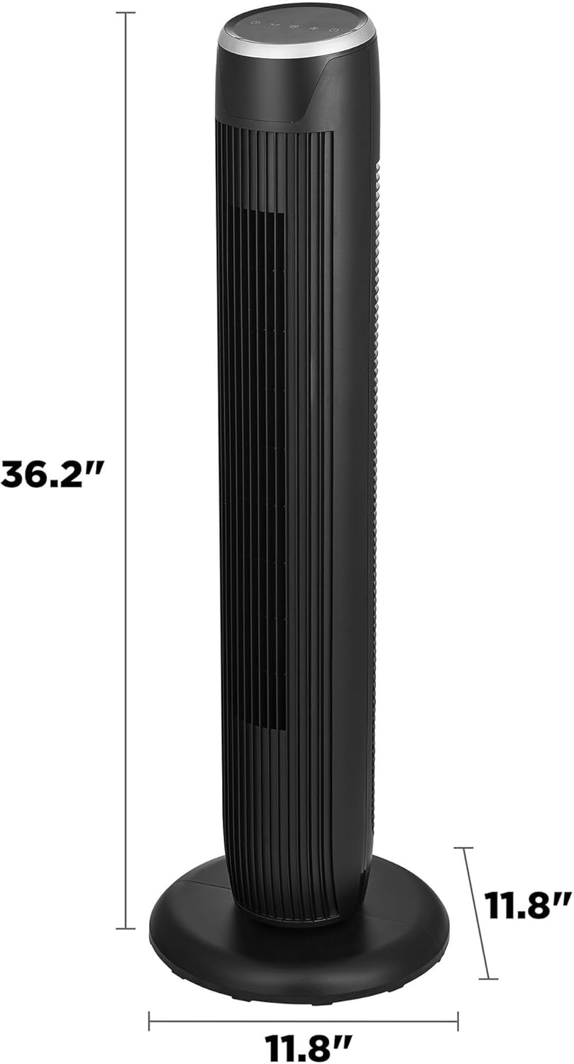 Diagram showing the dimensions of the P L-RA 36-inch tower fan.