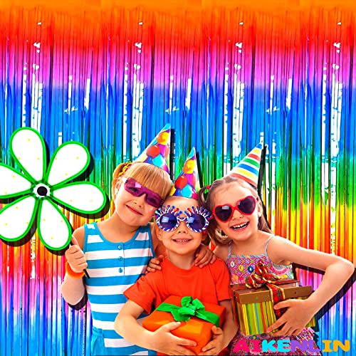 Image of 4 Pack 3.2Ft x 8.2Ft Rainbow Foil Fringe Curtain Backdrop, Colorful Metallic Tinsel Foil Fringe Streamers Curtains Background for Photo Booth, Birthday, Wedding, Halloween, Christmas Party Decoration