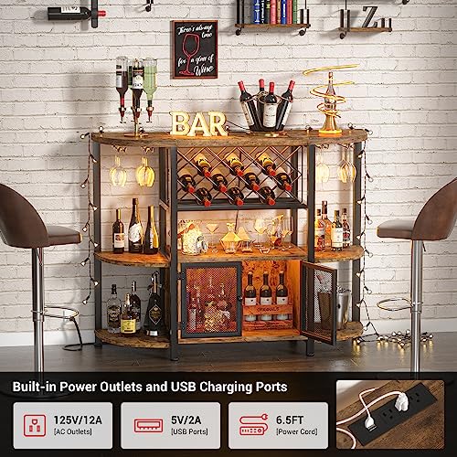 Unikito Freestanding Wine Bar Cabinet With Led Lights And Power Outlets, Industrial Coffee Bar Cabinet For Liquor And Glasses, Liquor Bar Cabinet With Mesh Door, Bar Table With Wine Rack, Rustic Brown #TOP4