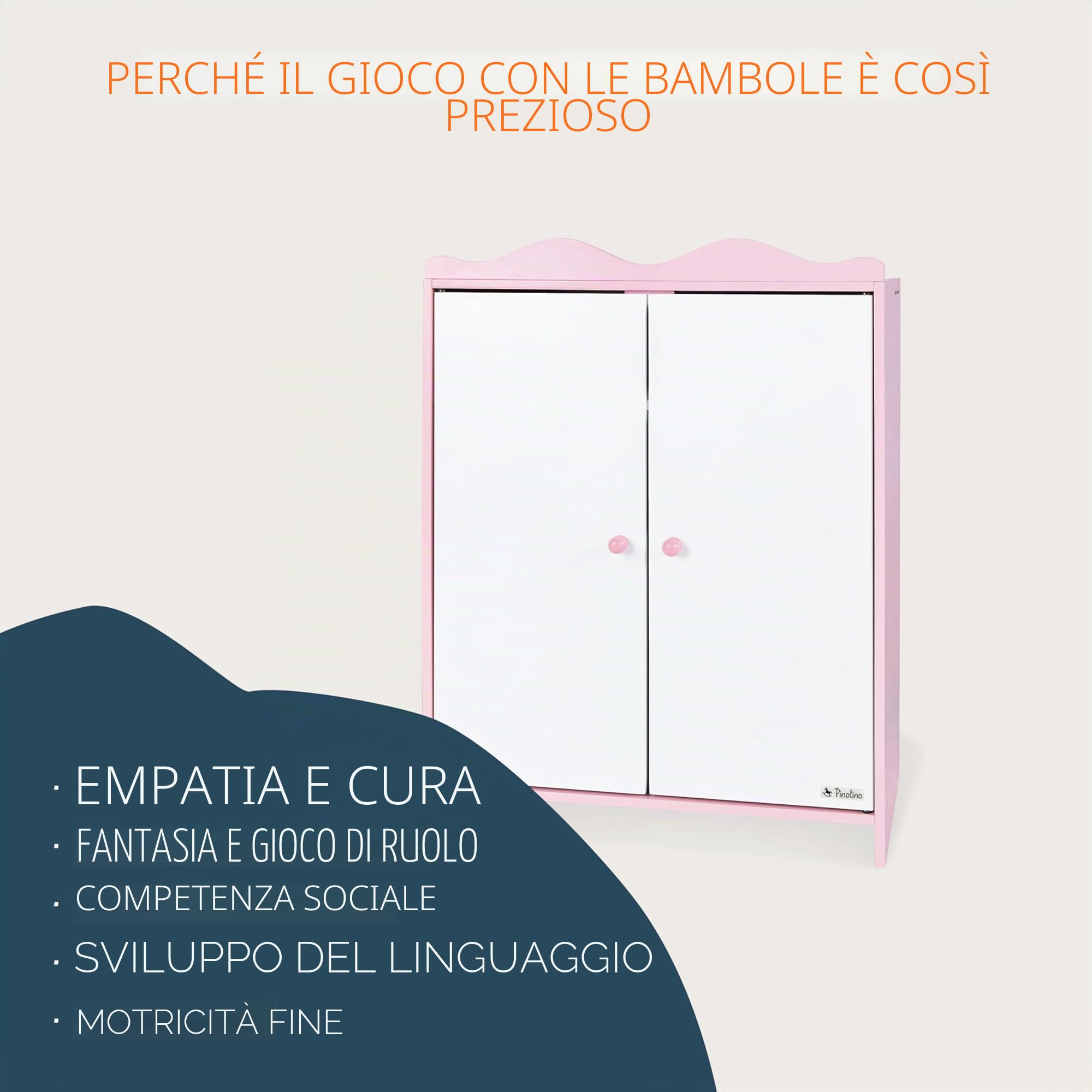 Pinolino Armadietto per Bambole Jasmine in Legno con 1 ripiano, 1 Appendiabiti e 3 Ganci, mobili per Bambole da 2 Anni, Rosa e Bianco