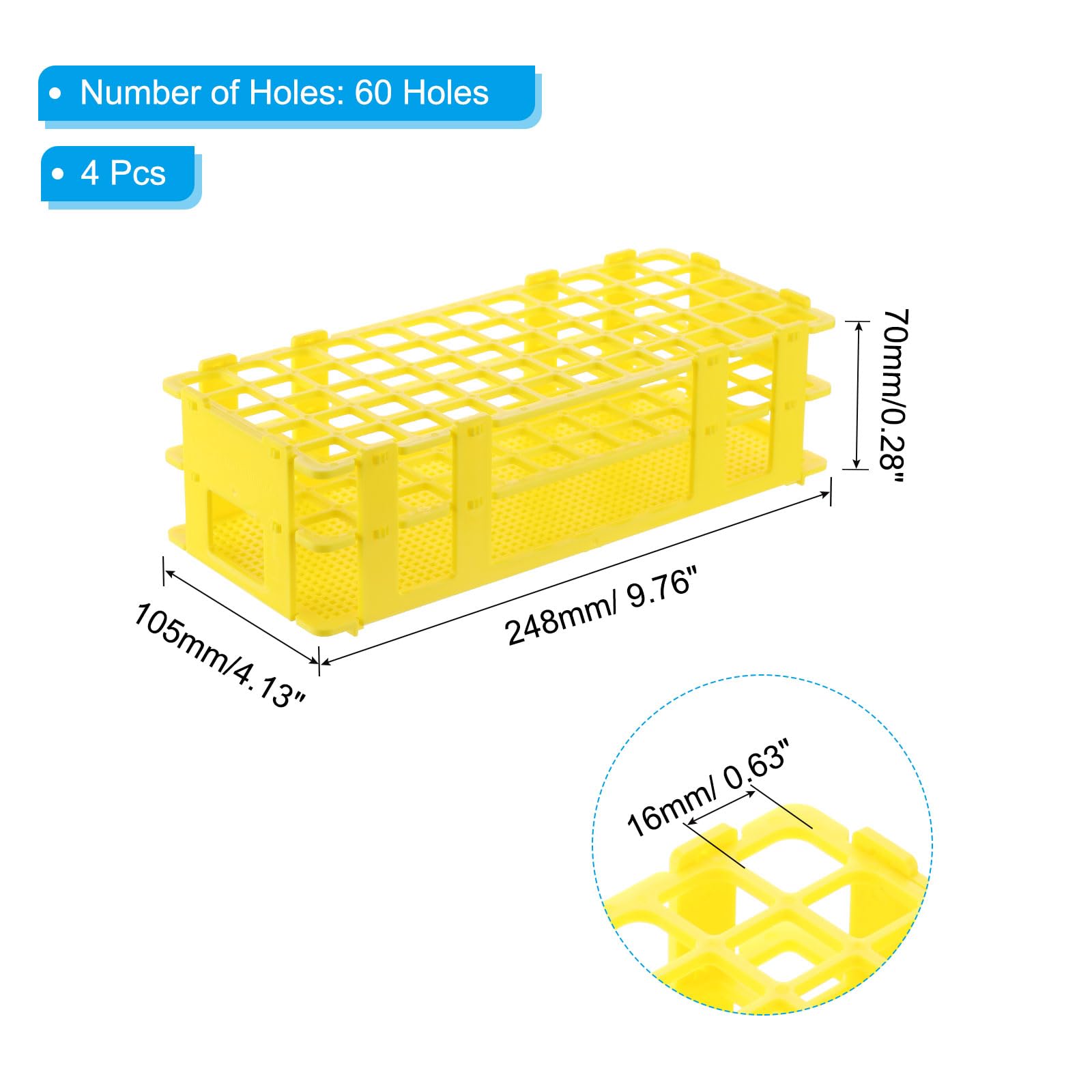 PATIKIL Porta Provette Con 60 Fori 4 Pezzi Foro Quadrato 16mm Porta Provette In Plastica Smontabile Adatto Per Provette Da 16mm Per Esperimenti Scientifici In Laboratorio Giallo