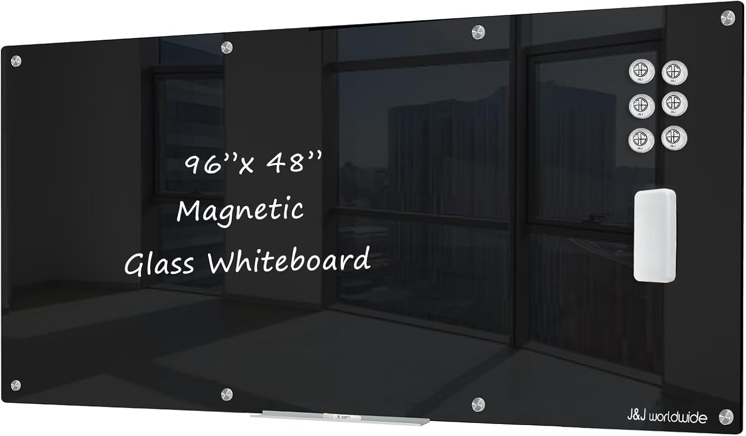 J&J worldwide Black Magnetic Glass Whiteboard 96x48 Inch, Frameless Tempered Glass Dry Erase Board Wall Mounted Includes Markers, Eraser, Magnets, Mounting Kit for Office Home& School
