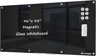Black Magnetic Glass Whiteboard 96x48 Inch, Frameless Tempered Glass Dry Erase Board Wall Mounted Includes Markers, Eraser, Magnets, Mounting Kit for Office Home& School