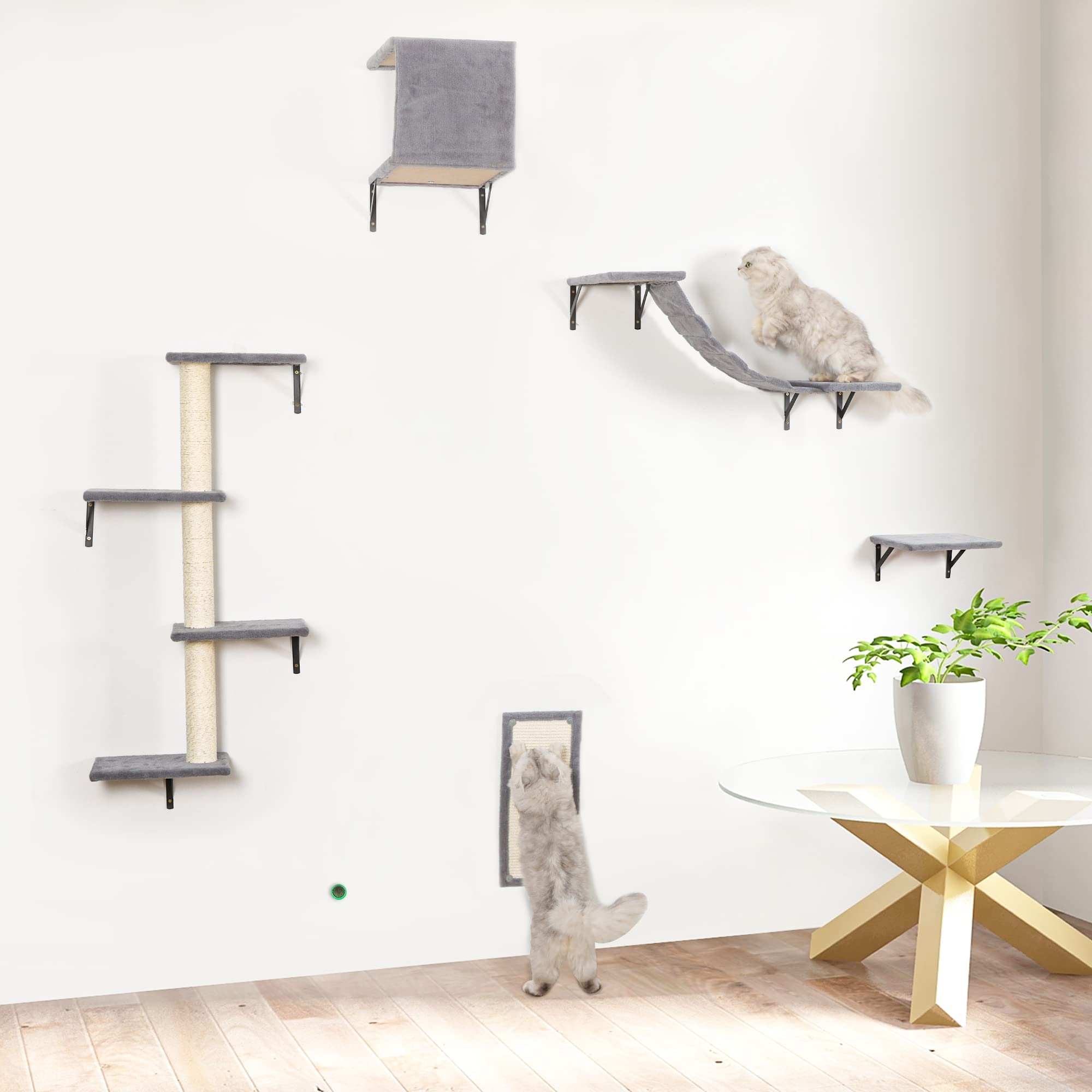 OIHYA Cat Wall Shelves Set,Indoor 5 Pcs Wall-Mounted Cat Set Cat Stairs Cat Houses Cat Scratcher Cat Tree with Sisal Rope for Cats,Kittens to Playing, Sleeping,Lounging (Grey)
