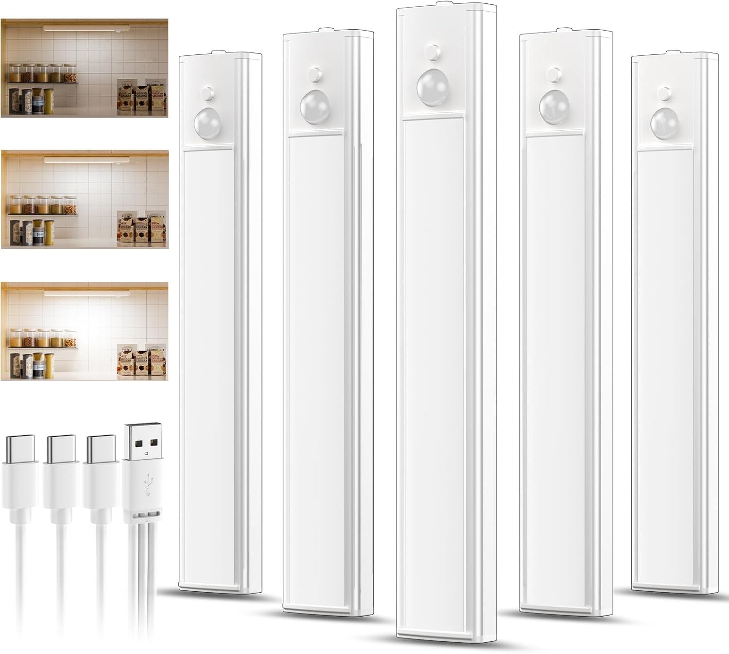 Product image of daphomeu 5 Pack Rechargeable Under Cupboard Kitchen Lights, Dimmable Cabinet Light Type-C Charging, LED Motion Sensor Lights Indoor, Magnetic Stick Wireless Light for Shelf Stairs Wardrobe Closet