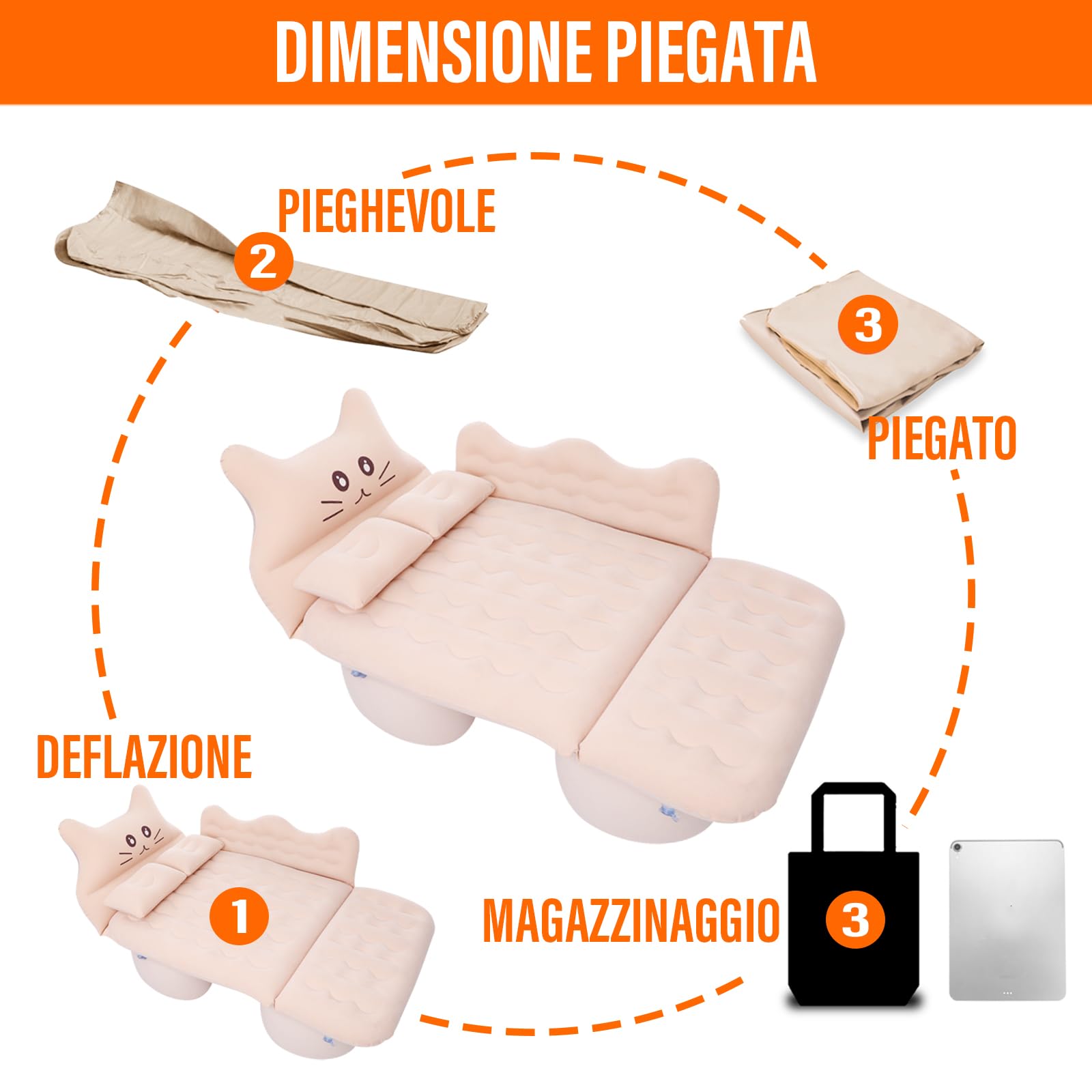Ergocar Materassino Gonfiabile Gatto Fortunato Floccaggio Materasso Letto per Auto con Pompa per Il Campeggio, Escursionismo, Piscina, Spiaggia, Viaggiare (Grigio)