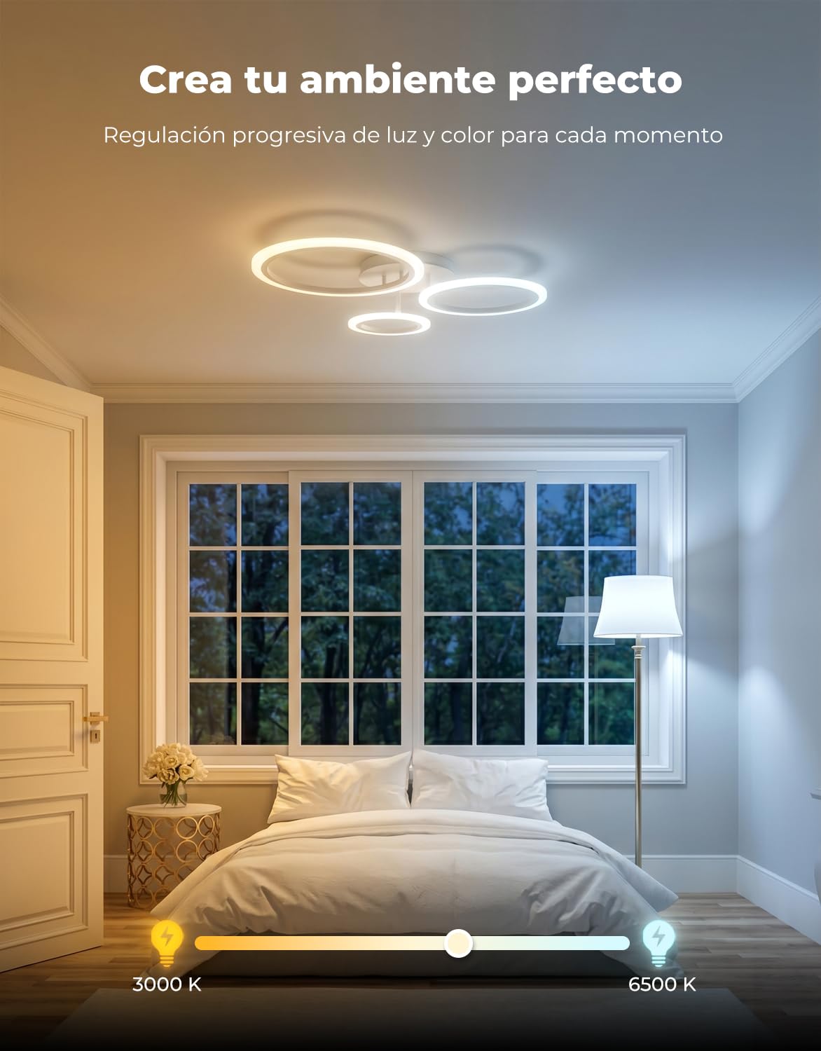 Lámpara de Techo Inteligente LED (19W, 1900LM), Plafón Moderno 3 Anillos, Compatible con Alexa/Google Home/App. Luz Techo Regulable (3000K-6500K) para Dormitorio, Habitación, Blanco