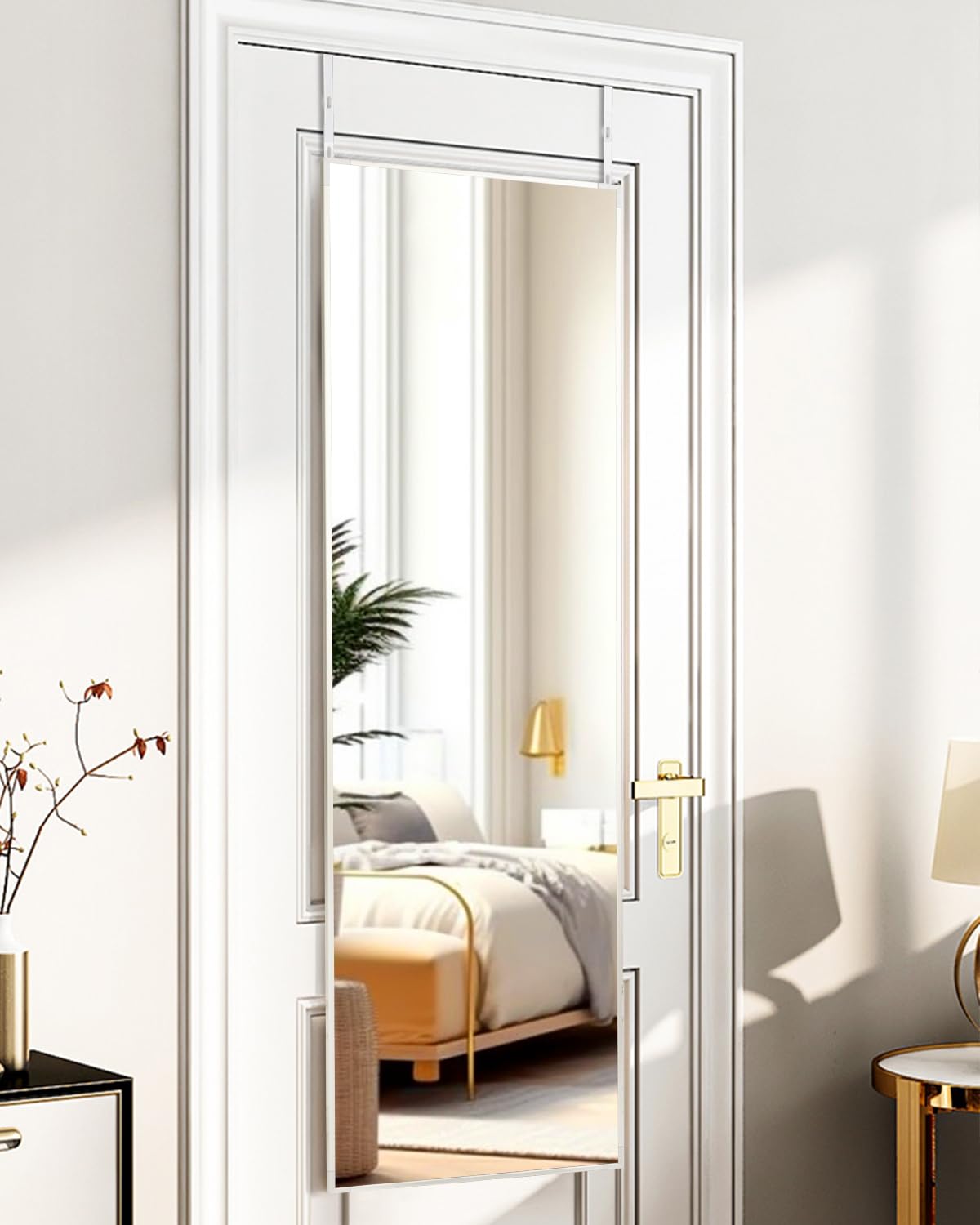 Full Length Mirror Door Hanging, Door Mirror, Over The Door Mirror Full Length, 48"x14" Bathroom Door Mirror, Long Mirror for Bedroom Living Room Locker Room, Rectangle White