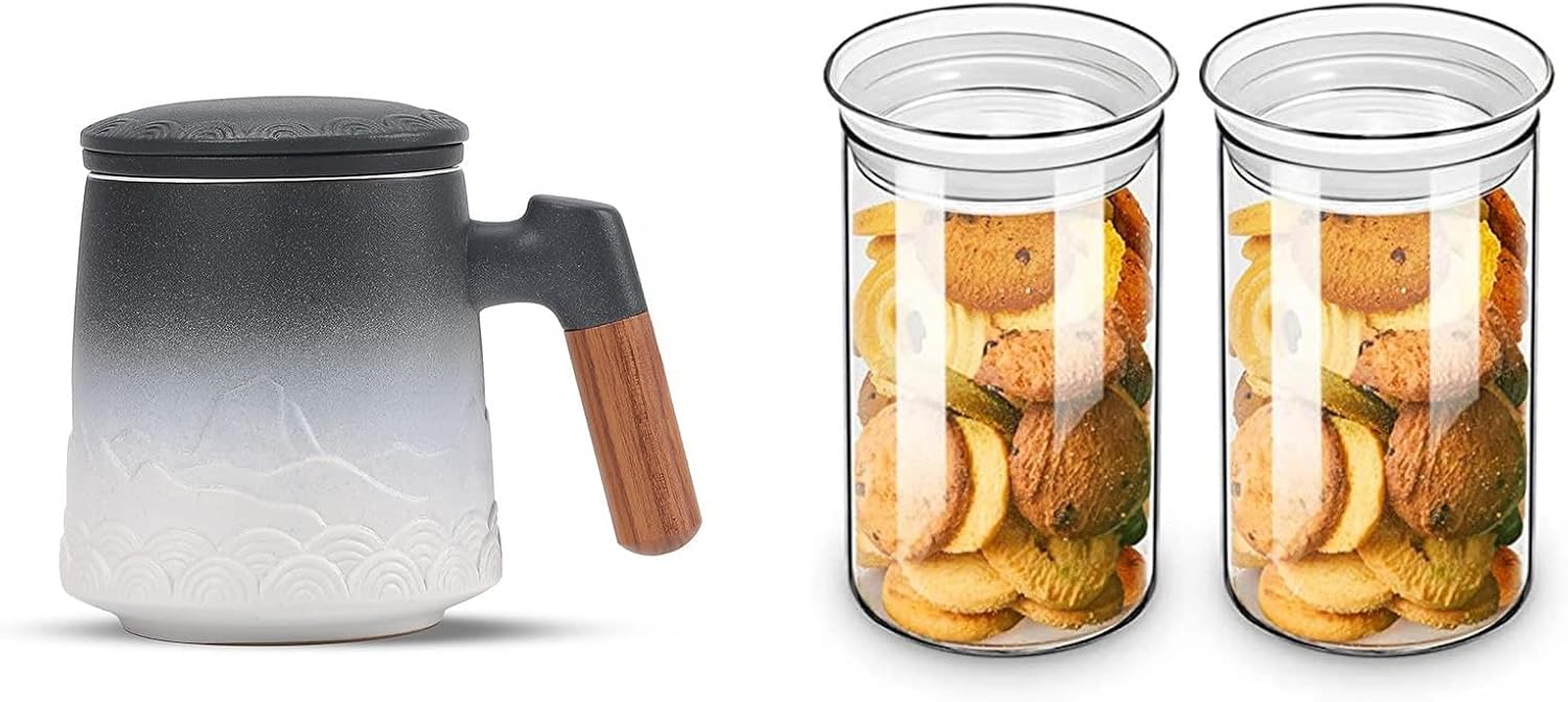 ZENS Tea Cup with Infuser and Lid, 16.8 Ounce Gradient Black & White Ceramic Loose Leaf Tea Mug Glass 37oz Airtight Kitchen Canisters of 2