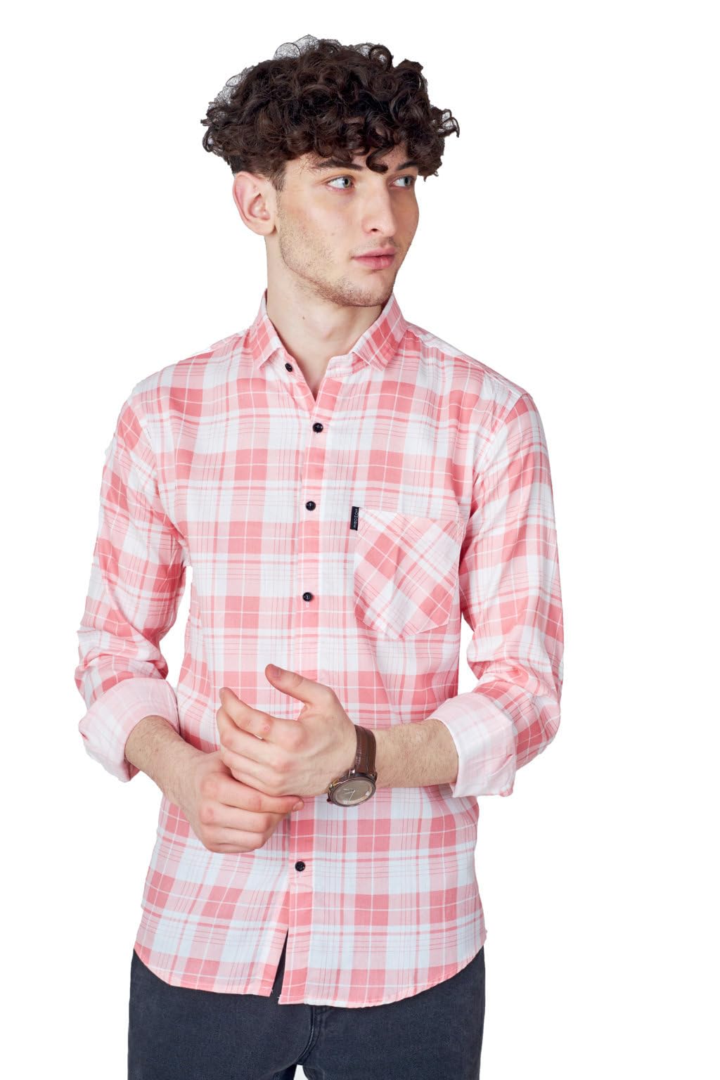 SOMORE Men's Cotton Checks Casual Shirts (SSO-KEN-1016,Peach)