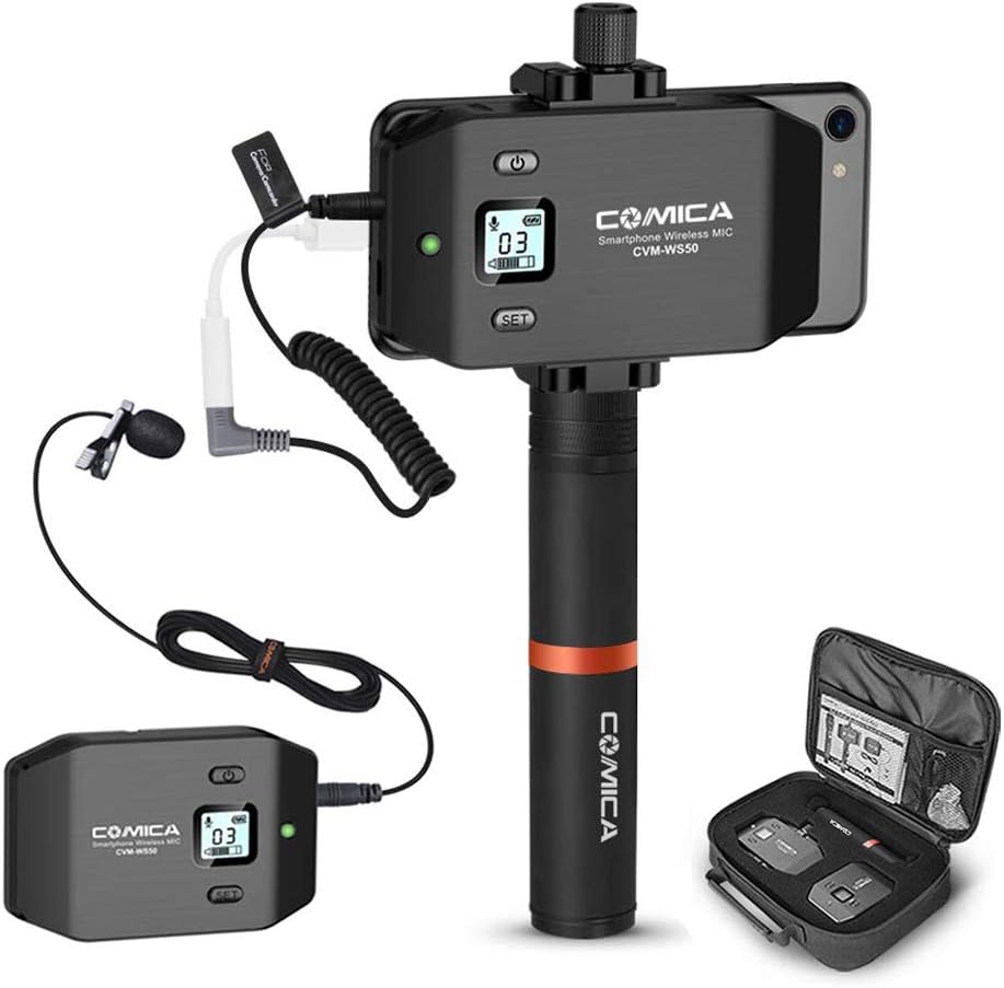 COMICA Video Microphone, CVM-WS50(C) Wireless Lavalier Microphone with Mini Tripod, Wireless Lapel Mic for iPhone Samsung Galaxy Note BLU Moto Phone/YouTube Interview Video Recording…