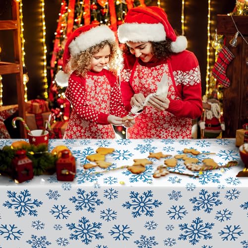 Preboun 3 Pieces 54 x 108 Inches Snowflake Tablecloths - Plastic Waterproof Christmas Table Cover for Holiday Winter Party Kitchen Supplies (White) – Image 6