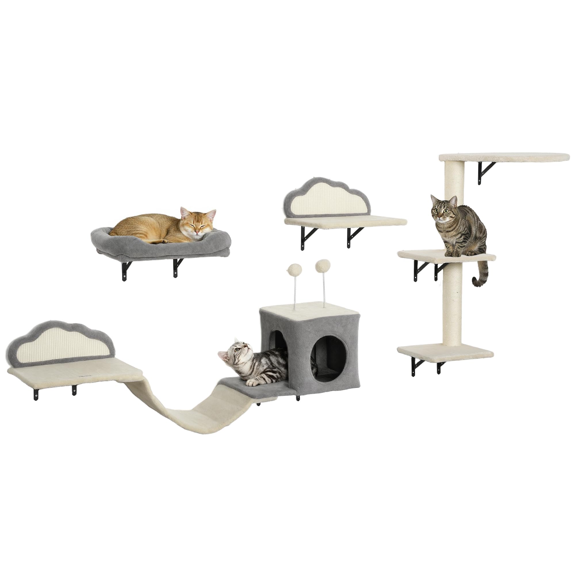 PawHut Katzen Kletterwand Set Kratzbrett 4-teilig bis zu 5 kg Beige | Bett, Kratzbaum mit Höhle, Weicher Leiter, Katzenmöbel
