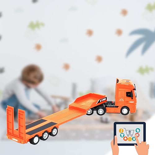 Miniatura 5 de Gemini & Genius - Camión de remolque plano, vehículo de construcción de aleación resistente, camión de remolque fundido a presión a escala 150,