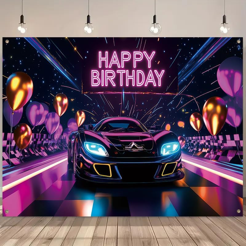 71x43 in Boys' Racing Birthday Party Backdrop, Neon Happy Birthday Banner Decoration, Racing Theme Photography Backdrop, Children's Birthday Party Photo Setup Supplies image 4