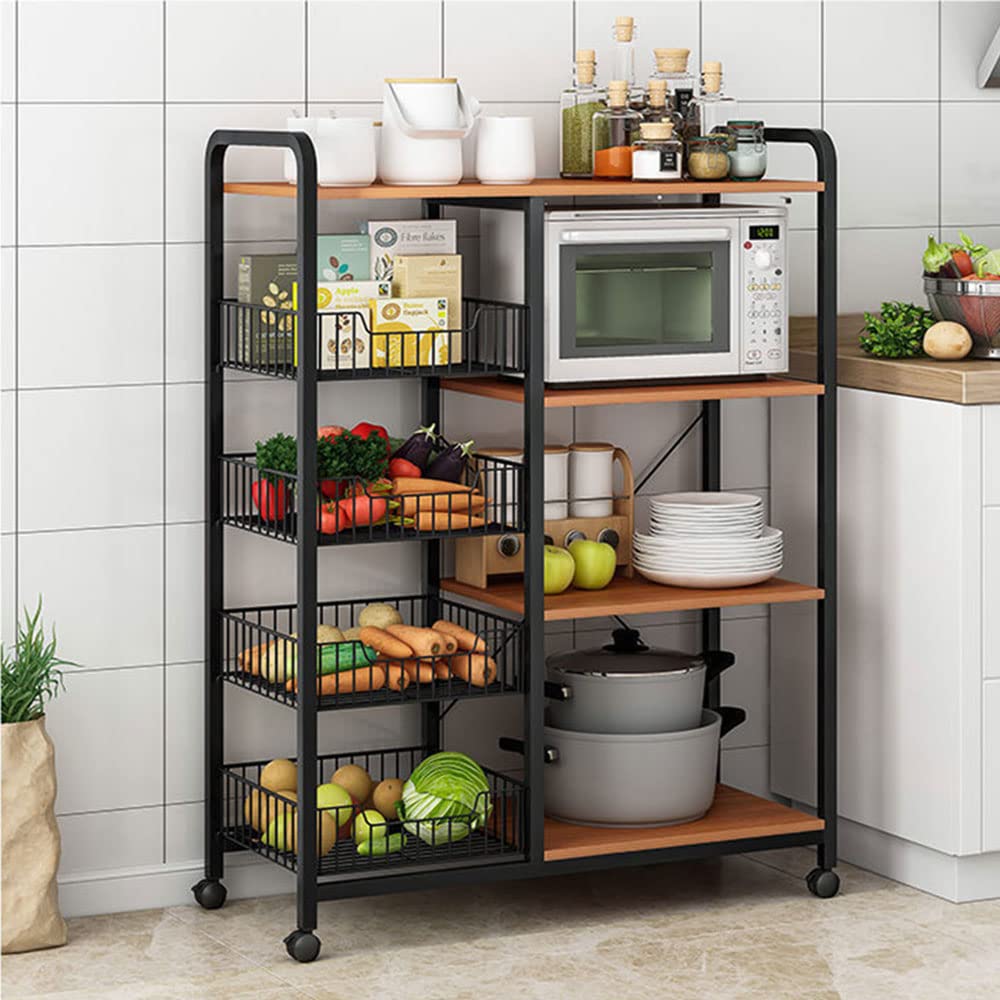 COOLBABY 4-Tier Kitchen Bakers Rack With Wire Basket,Multifunctional Removable Storage Rack for Oven Microwave Pot Vegetables,80 * 30 * 103CM,Brushed Black Oak