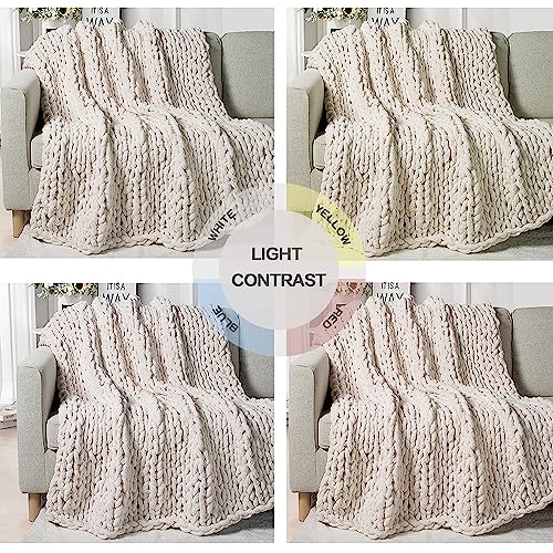 Carriediosa Chunky Knit Throw Blanket Chenille Loop Yarn Handmade Soft Fluffy Throws For Couch Sofa Bed Home Decor Breathable Cozy Heavy Thick Knitted Blanket Washable, 50" X 60" Cream White #TOP5