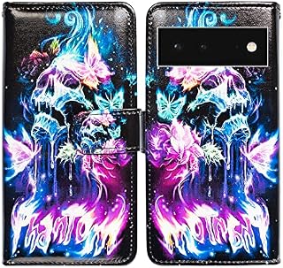 Bcov Google Pixel 6 Case, Purple Flower Sugar Skull Leather Flip Phone Case Wallet Cover with Card Slot Holder Kickstand For Google Pixel 6