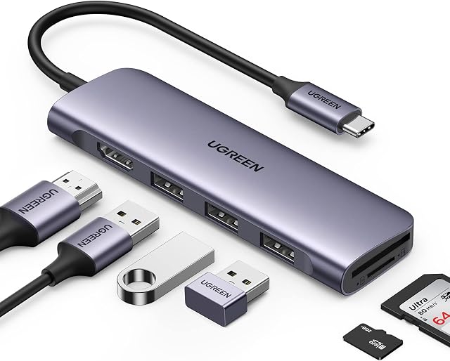 UGREEN USB C Hub Multiport Adapter, 6-in-1 USB C to HDMI Adapter with 4K HDMI, USB 3.0 Data Port, SD/TF Card Slot, Aluminum USB C Dongle for MacBook, Type-C Laptop, Surface, Steam Deck and iPad Pro