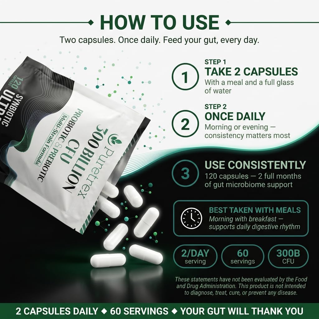 300 Billion CFU Probiotic & Prebiotic Supplement, Multi-Strain Synbiotic Ultra Formula, 120 Vegan Capsules, with Digestive Enzymes and Black Pepper Extract