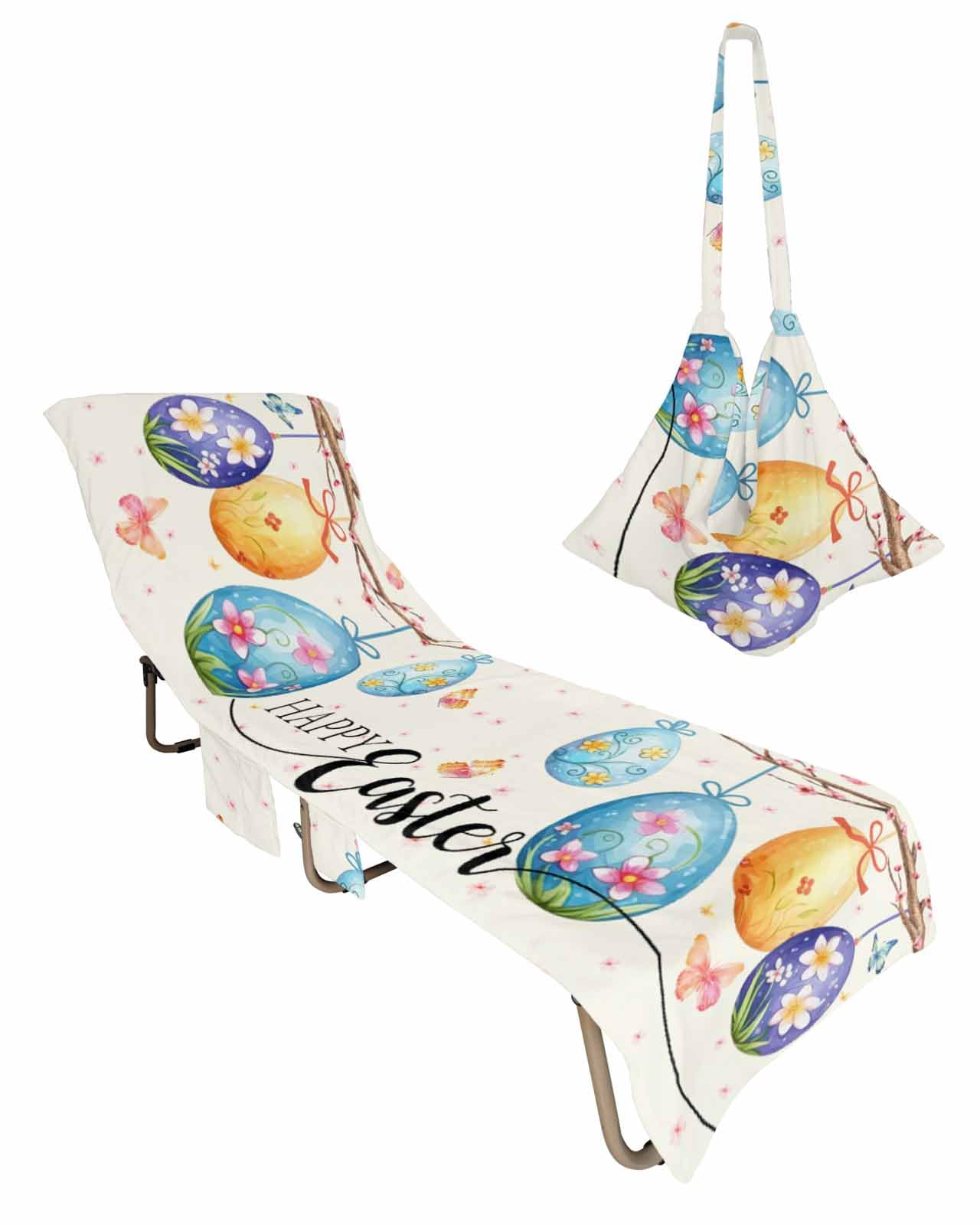 Easter Eggs Beach Chair Towel Covers for Chaise Lounge with Side Pocket, Soft Plush Pool Towels Cover for Patio Sunbathing Outdoor 29''x85'' Colorful Flower Spring Summer Seasonal Holiday