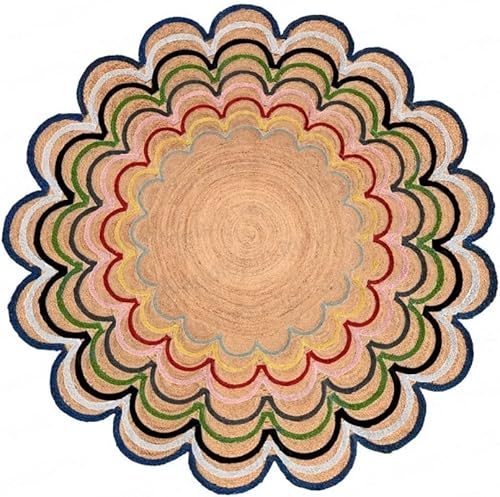 Miniatura 4 de Alfombra redonda de yute natural de 4 x 4, 5 x 5, 6 x 6 pies, alfombra redonda de yute natural con borde festoneado, trenzada, bohemia y ecológica,