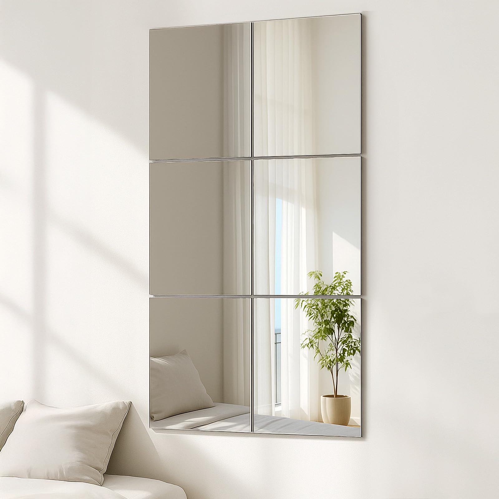 Shoze 6Pcs Self Adhesive Mirror 30x30x0.3cm Glass MirrorTiles Full Length MirrorTiles Adhesive Real Glass Frameless Wall Mirrors for Bathroom Living Room Kitchen (6pcs 30x30cm)