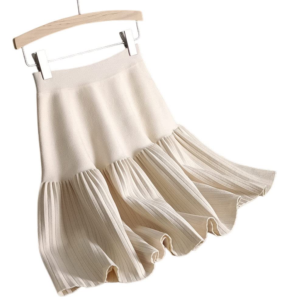 LUKX Damen Strickrock,Damen Minirock Beige Elastisch High Taille Gestrickt Faltenrock Mode A-Linie Gerafft Elegant Herbst Winter Ausgestellter Kurzer Rock Für Mädchen Damen
