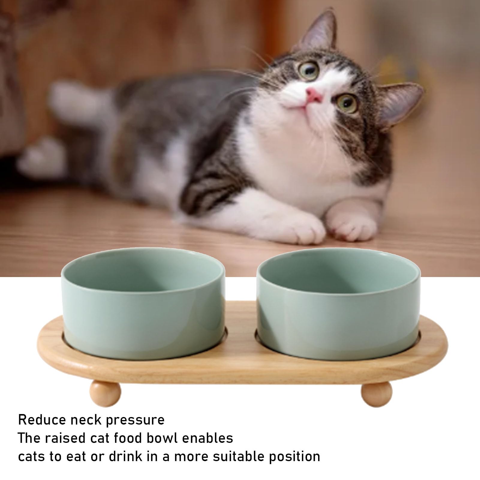 Haofy Gamelle Surélevée en Céramique pour Chat, Double Gamelle avec Support en Bois pour Chat, Surélevée pour Nourriture et Eau pour Empêchant Le Basculement, (400ml)