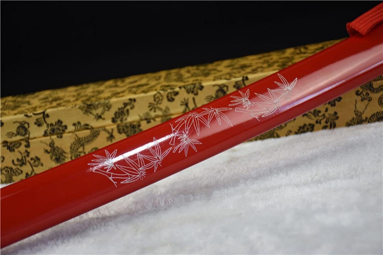 New Handmade Japanese Samurai Sword T1095 High Carbon Steel Katana Engraved Bamboo Blade,Electroplated Puprle,Blue,Gold Blade Full Tang Sharp Combat Ready (Red Bamboo Katana)