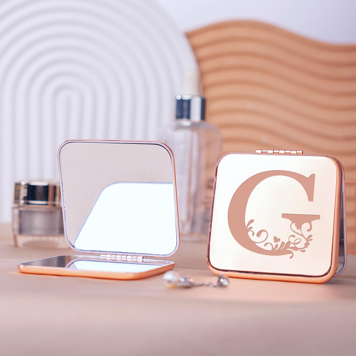 Gifts for Elders, Juniors, and Peers: Metal Engraved Portable Makeup Mirror, Folding mini Pocket Handheld Makeup Mirror, Minimalist Letters,