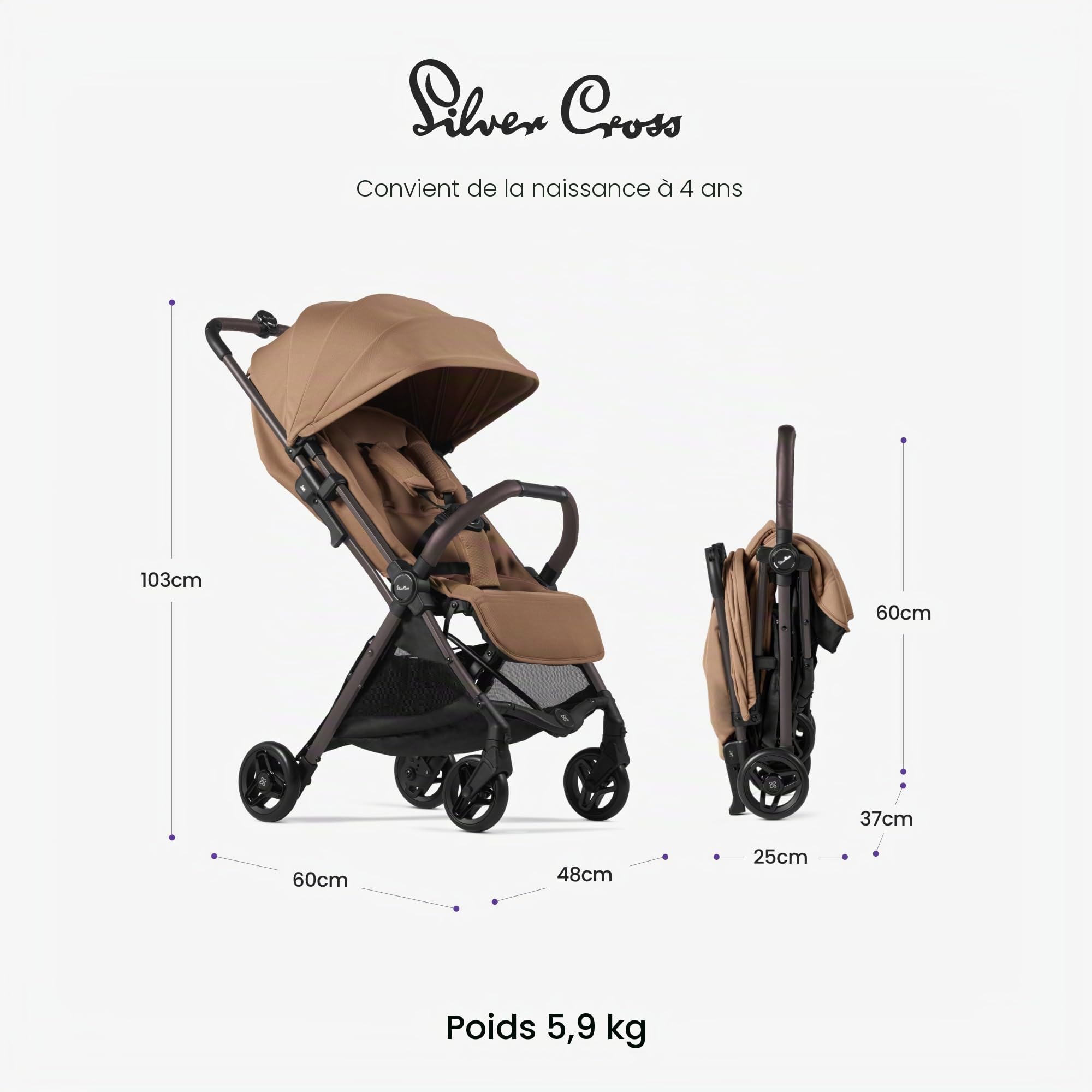 Silver Cross - Poussette compacte Jet 5 - Poussette de voyage - Poussette pliable et légère - Système de voyage - Taille cabine - Compatible avec siège auto (vendu séparément) - Nouveau-né à 4 ans