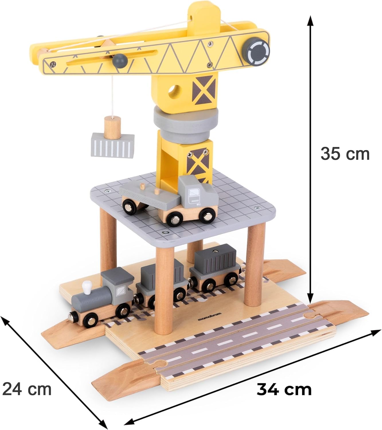 Mamabrum GRÚa Portuaria de Madera con Imán y Accesorios - Juguete Educativo Similar a Lego Duplo - Camiones de Juguete para Niños - Tractor y Remolque 24x34x35cm