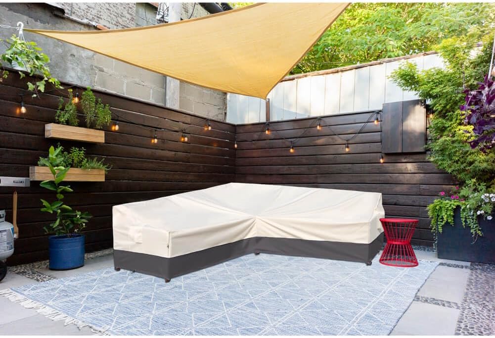 Condition photo showing New/Like New for outdoor sectional cover patio furniture covers waterproof rip-stop anti-uv 600d heavy duty couch sofa cover with 3 air vent (beige & charcoal, v-shaped-85''x85'') beige & charcoal v-shaped-85''x85''