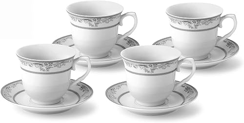 Miniatura 6 de Elegante juego de tazas y platillos de té y café de porcelana, duraderos y coloridos, color negro y dorado, 8 onzas, juego de 4