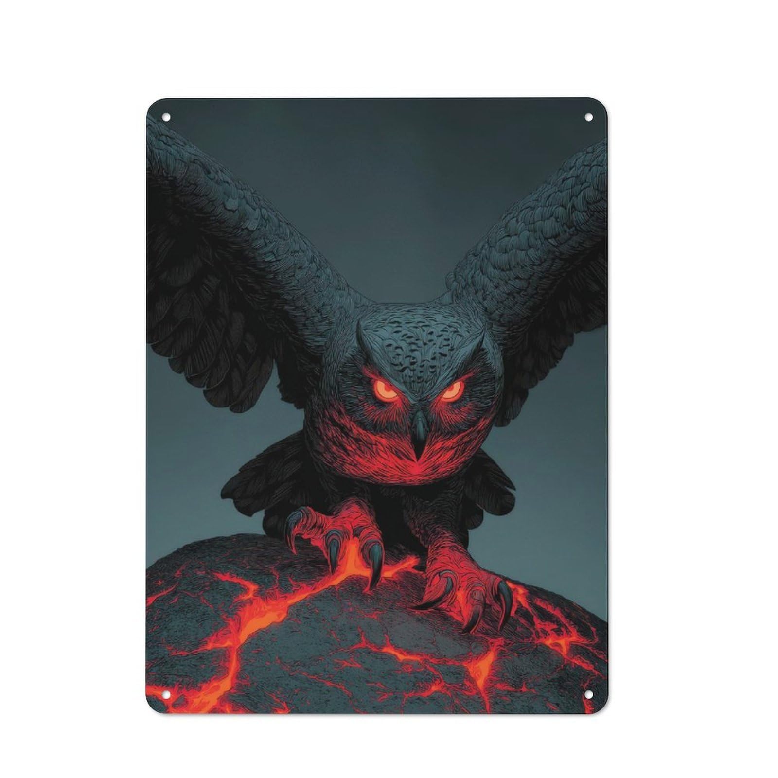 Fiery Owl Perched on Lava Rock Rustic Tin Sign 40x30cm for Pub Or Café, for Collectors Building A Themed Wall Display