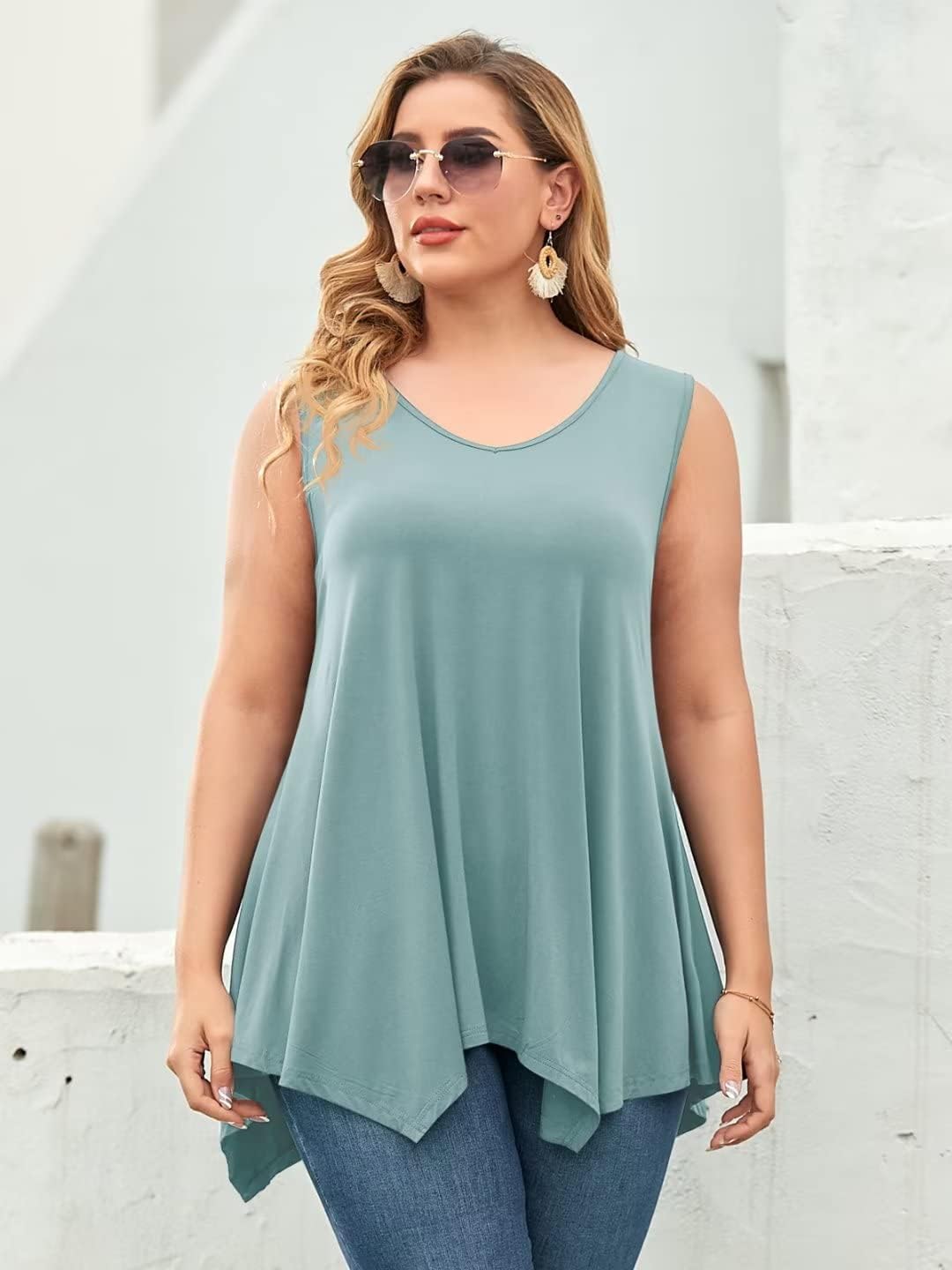 LARACE Plus Size Tank Tops for Women V Neck T Shirts Summer Sleeveless Tunic Tops Loose Fit Flowy Blouse - Image 2
