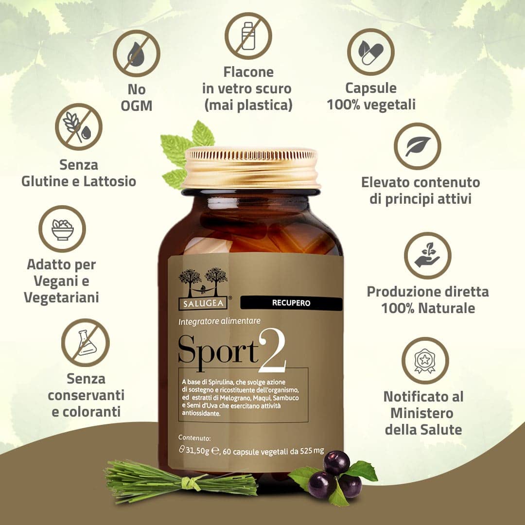 Sport 2 Recupero Salugea - Integratore per il Recupero Energetico e Muscolare Post-Allenamento - 100% Naturale con Spirulina, Melograno, Sambuco, Maqui, Semi D'Uva - No Caffeina-60 capsule vegetali