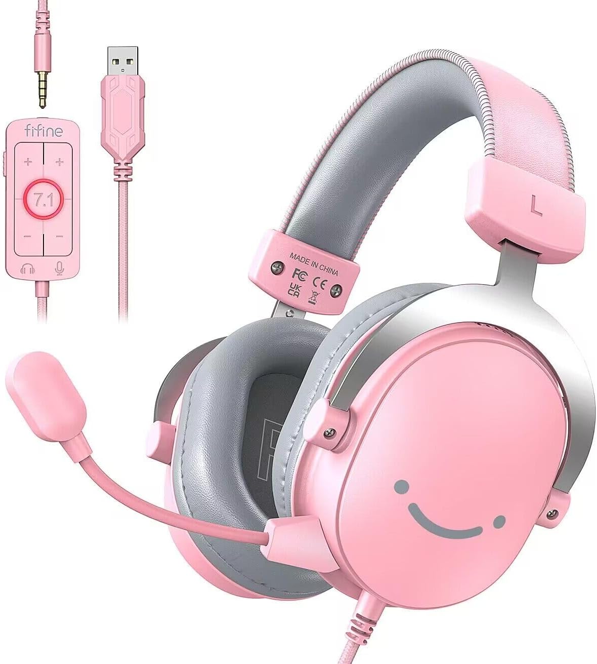 Pink 3.5mm/USB Gaming Headset,PC Over-Ear Gamer Headphone with Microphone for Xbox, Computer, PS4/PS5, Streaming Headset with Detachable Mic,7.1 Surround Sound,Soft Earmuffs-AmpliGame H9 Pink