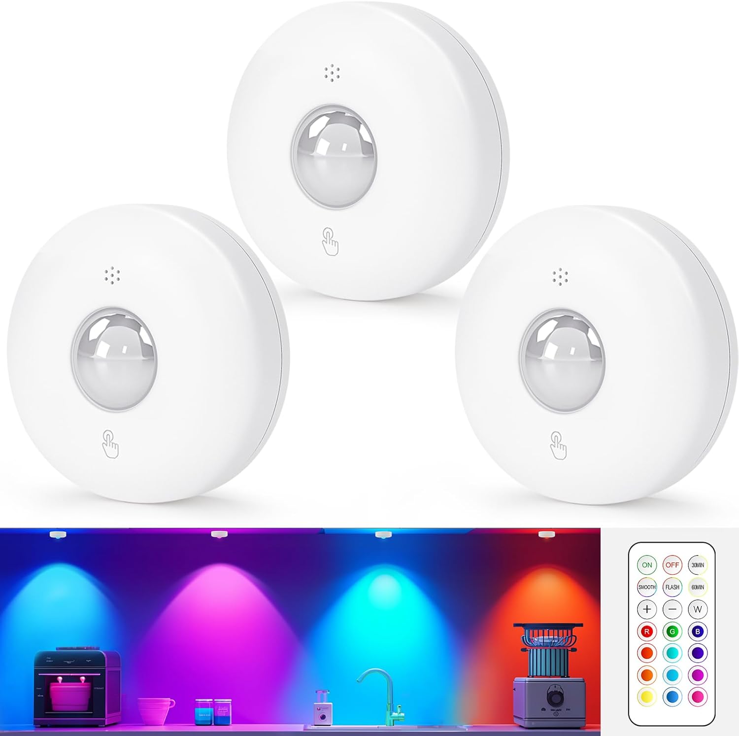 LED Puck Lights with Remote Control, 13 Colors Battery Operated Tap Lights, Dimmer& Timer Magnetic Under Cabinet Light, Wireless Stick on Light for Closet, Bedroom, Kitchen White 3Pcs